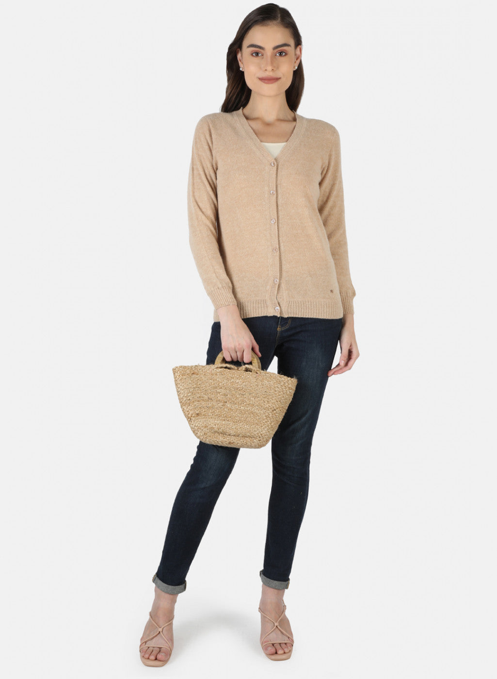 Women Beige Solid Cardigan