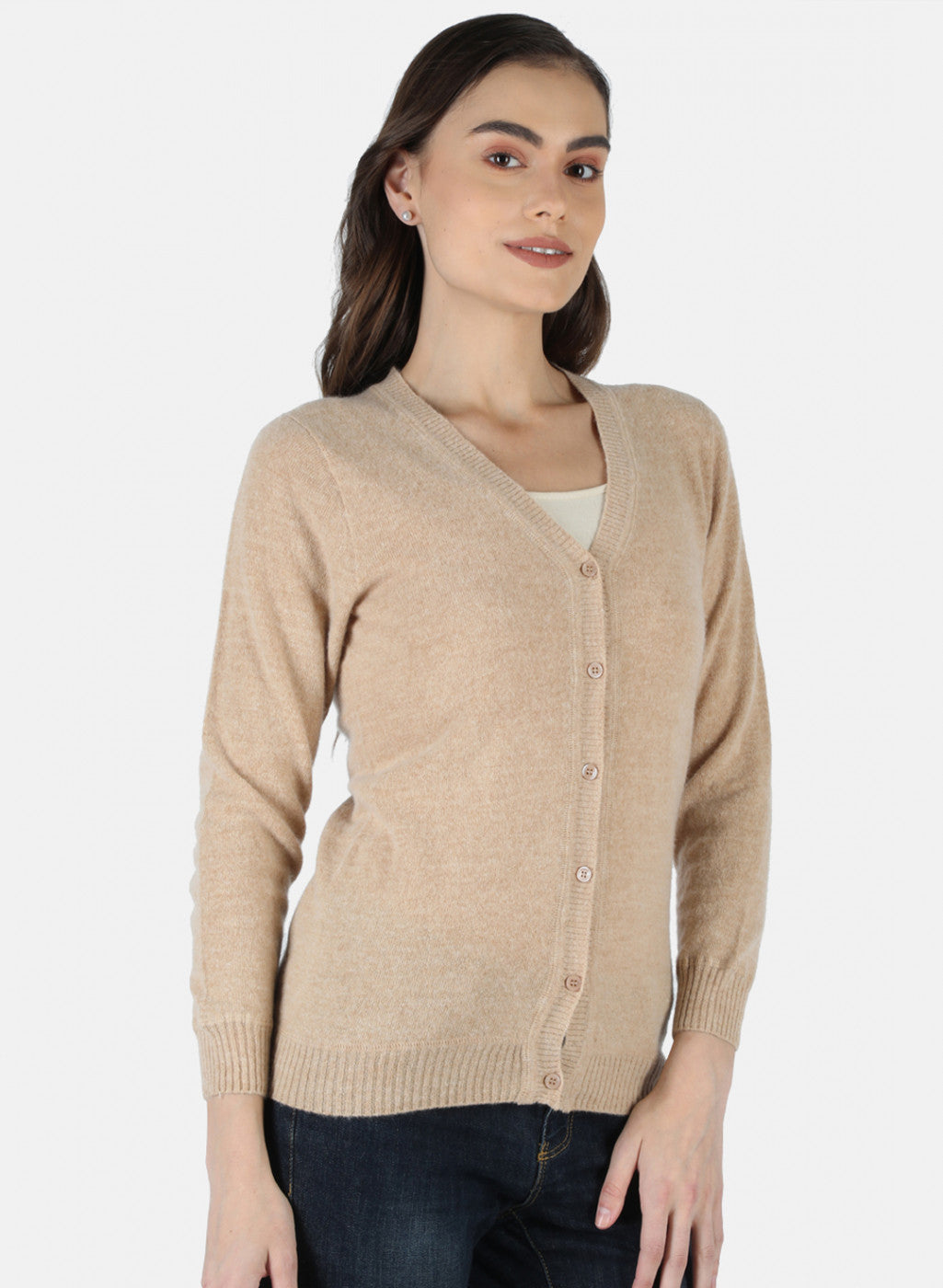 Women Beige Solid Cardigan