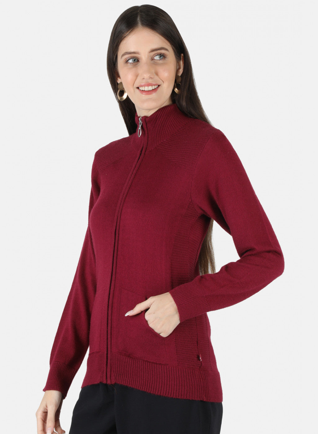 Women Maroon Solid Cardigan