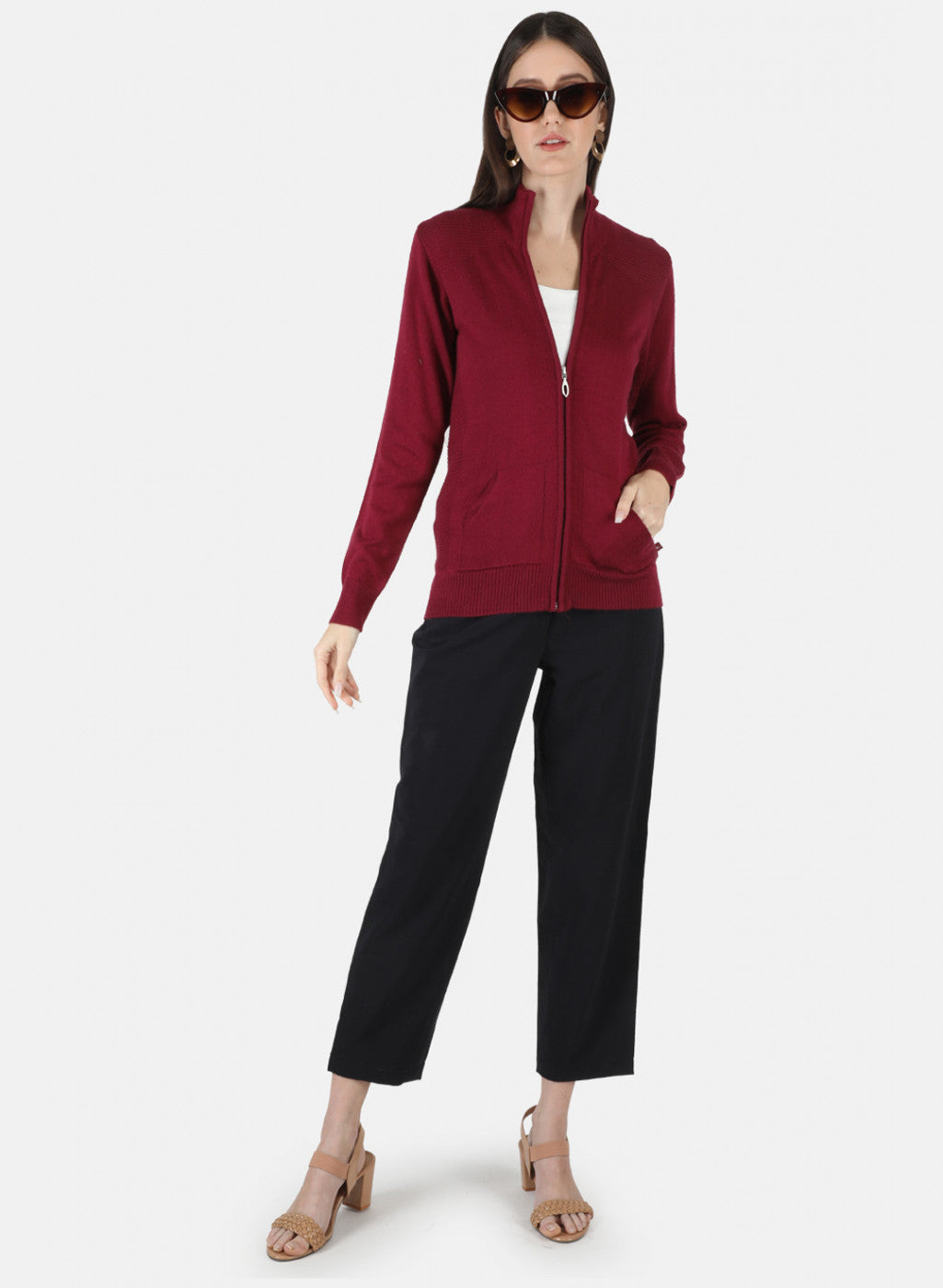 Women Maroon Solid Cardigan