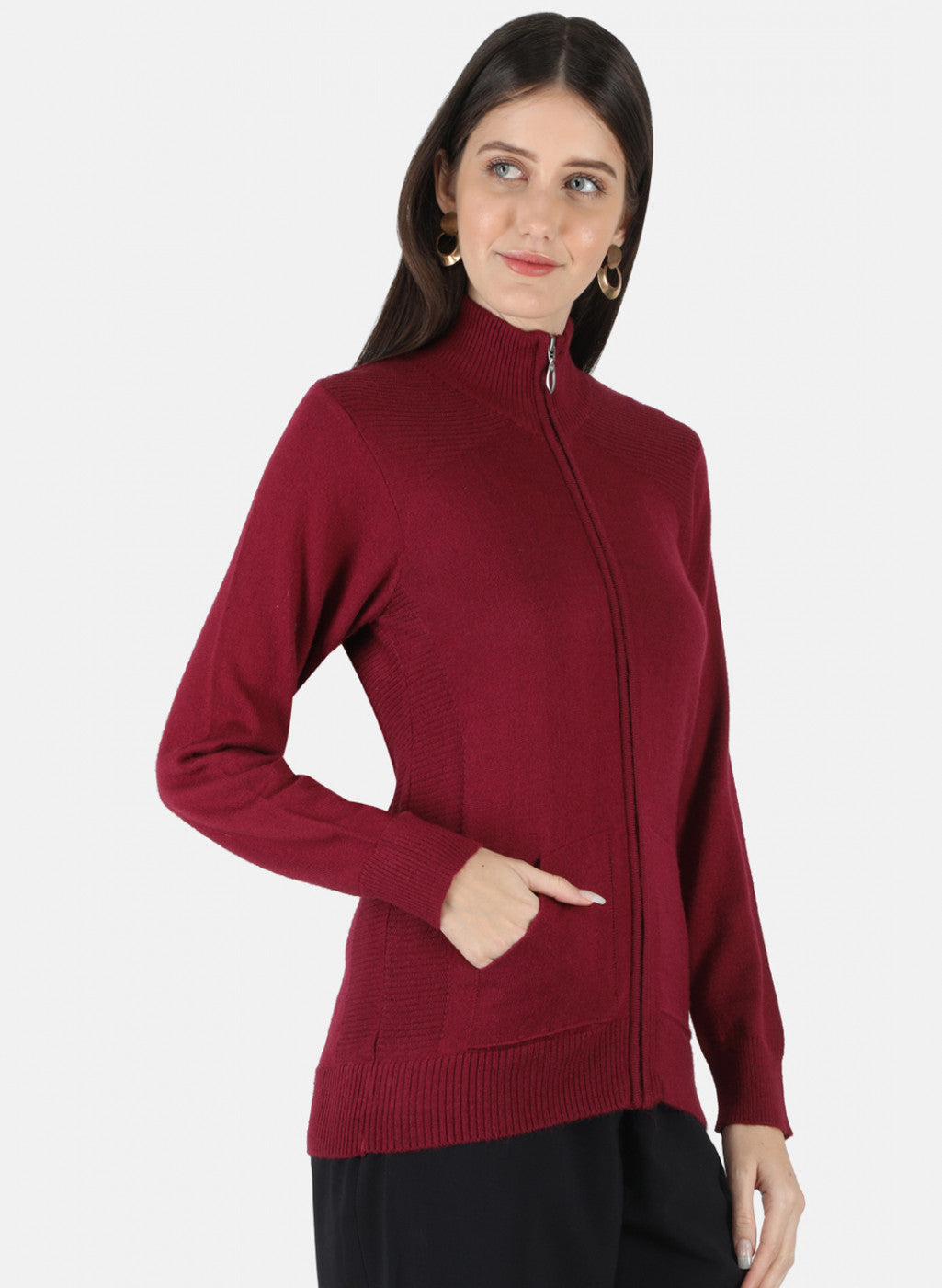 Women Maroon Solid Cardigan