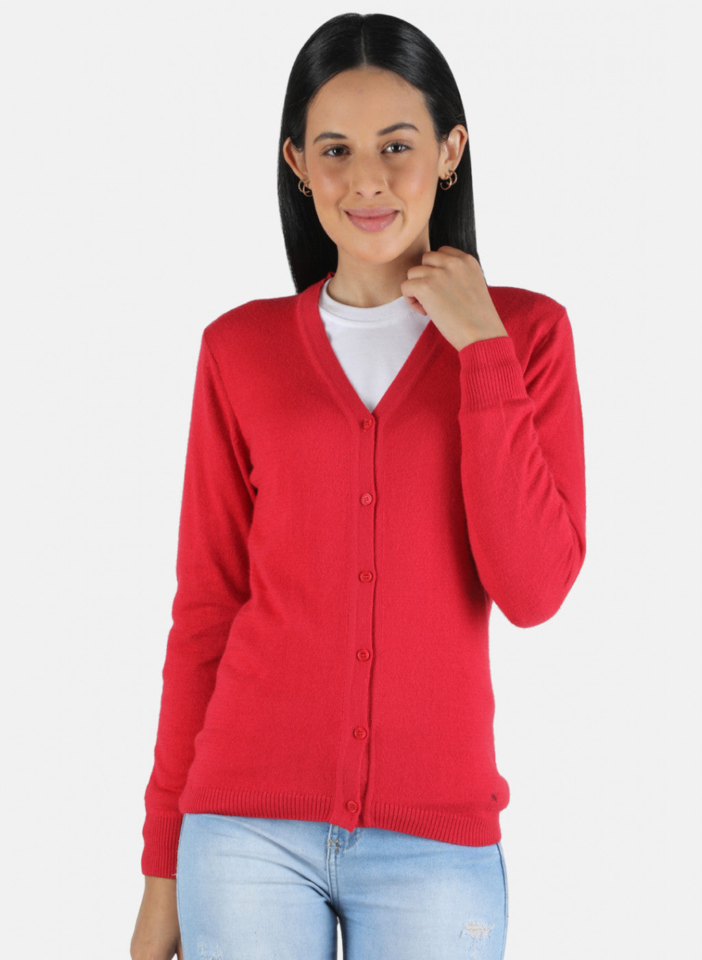 Women Red Solid Cardigan