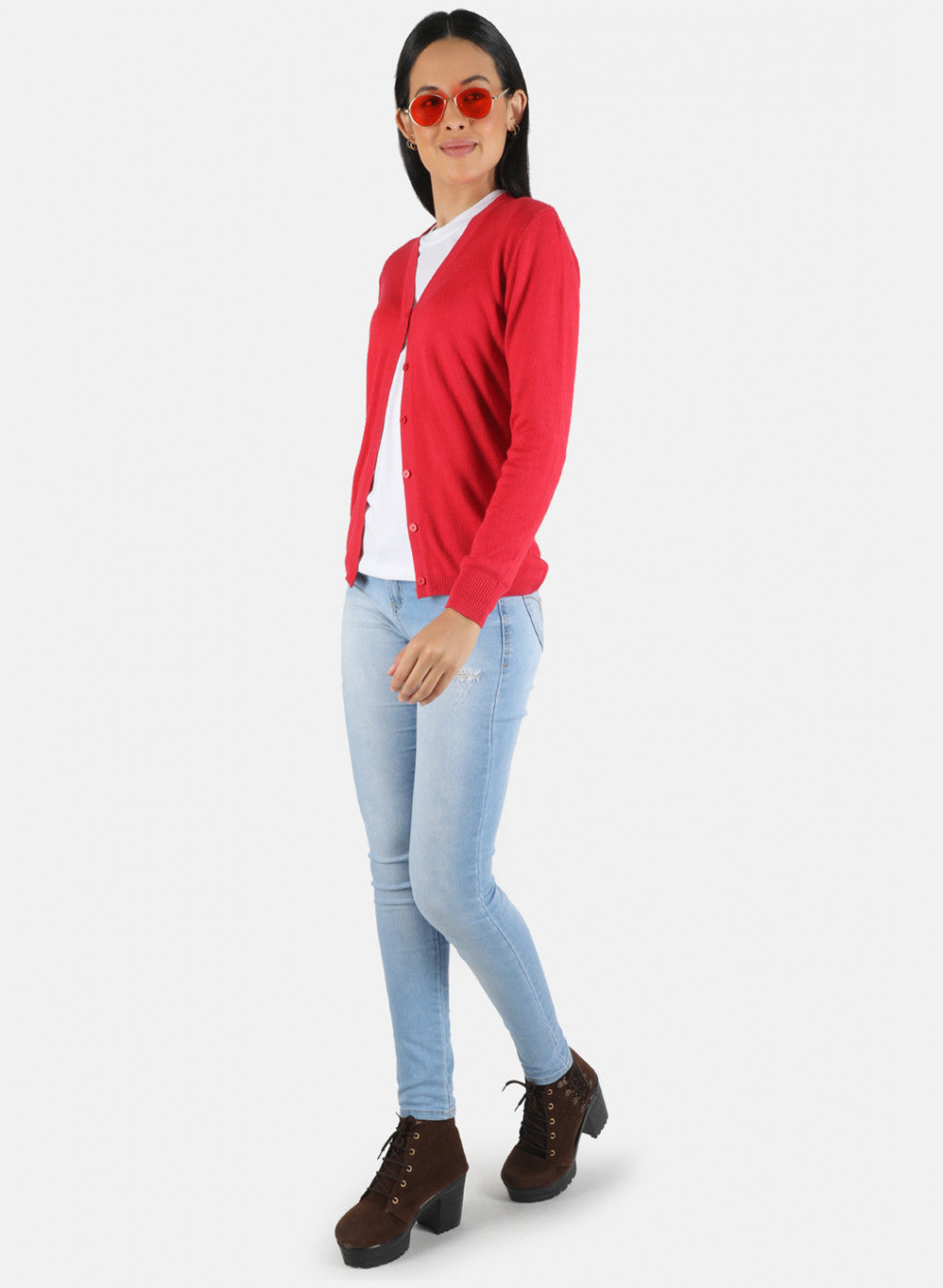 Women Red Solid Cardigan