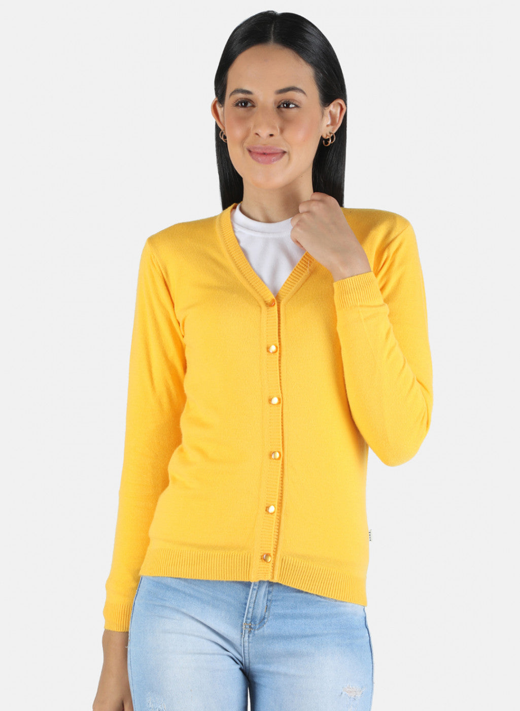 Women Yellow Self Design Cardigan