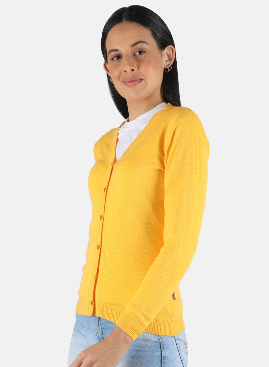 Women Yellow Self Design Cardigan