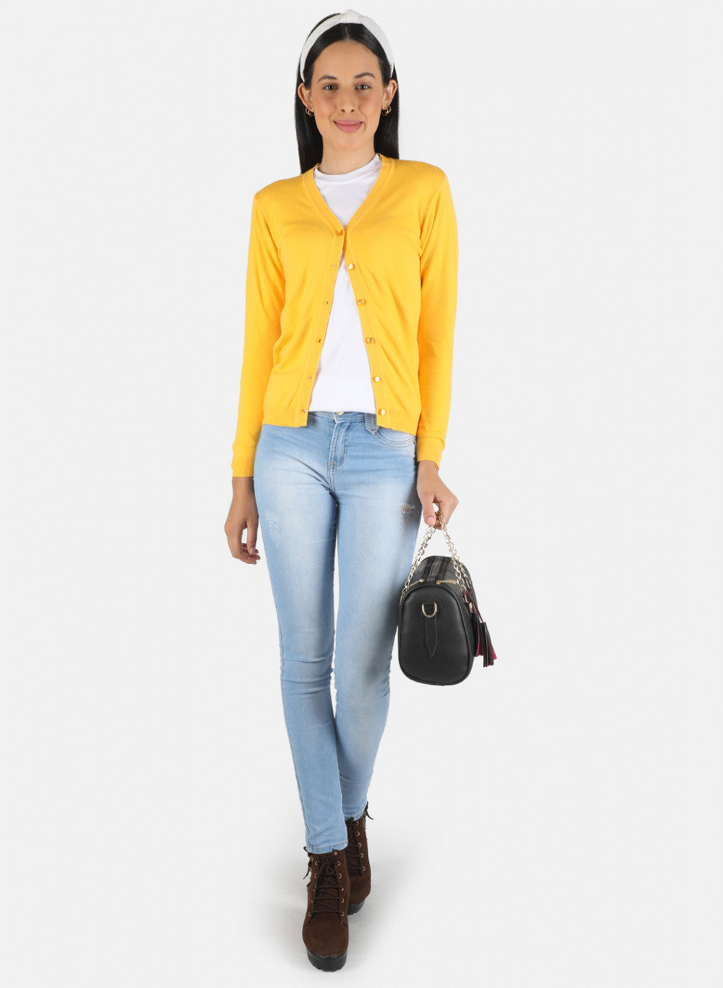 Women Yellow Self Design Cardigan