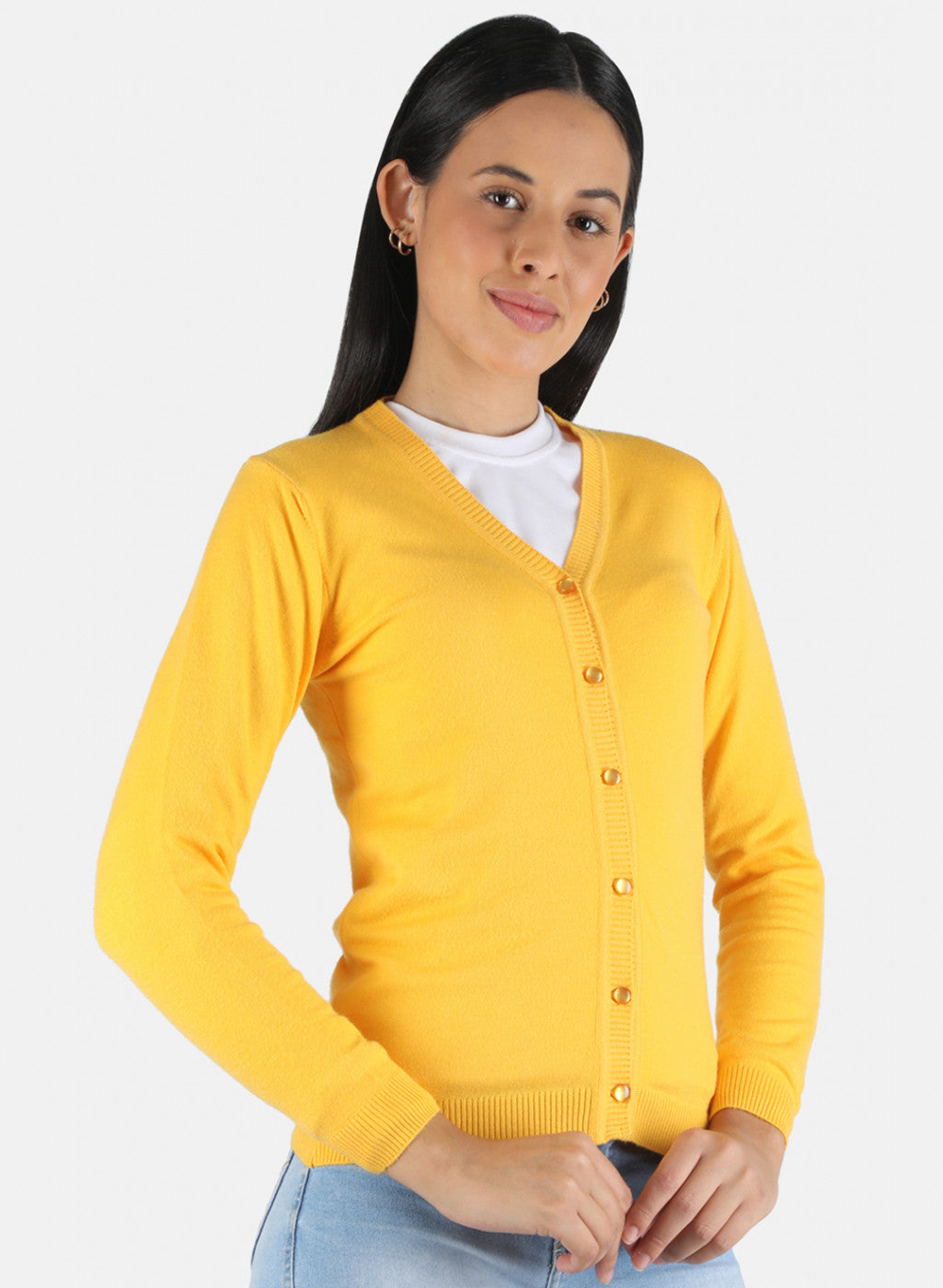 Women Yellow Self Design Cardigan