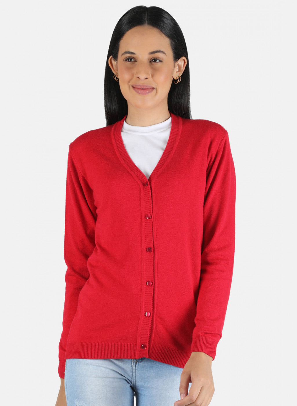 Women Red Self Design Cardigan