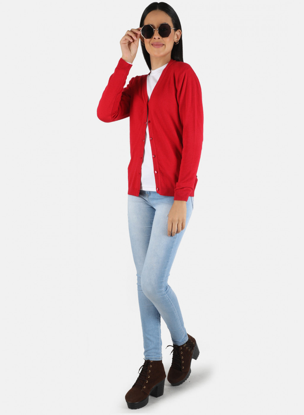 Women Red Self Design Cardigan