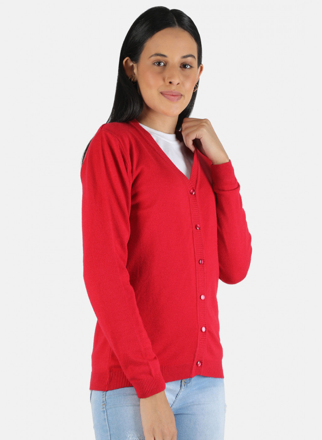 Women Red Self Design Cardigan