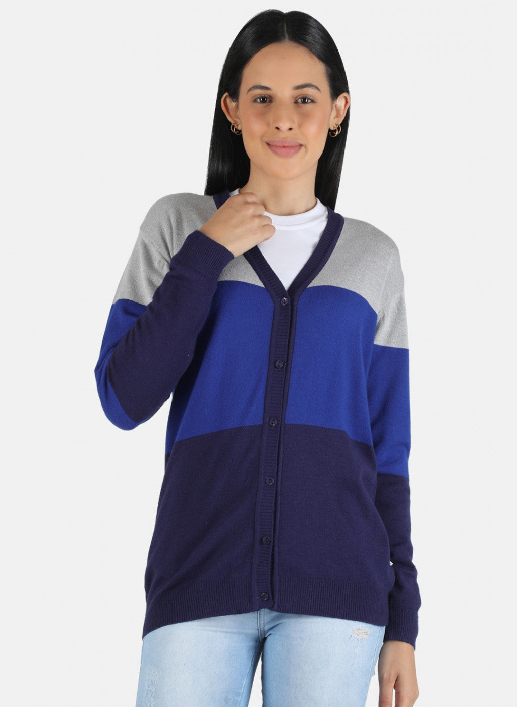 Women Blue Self Design Cardigan