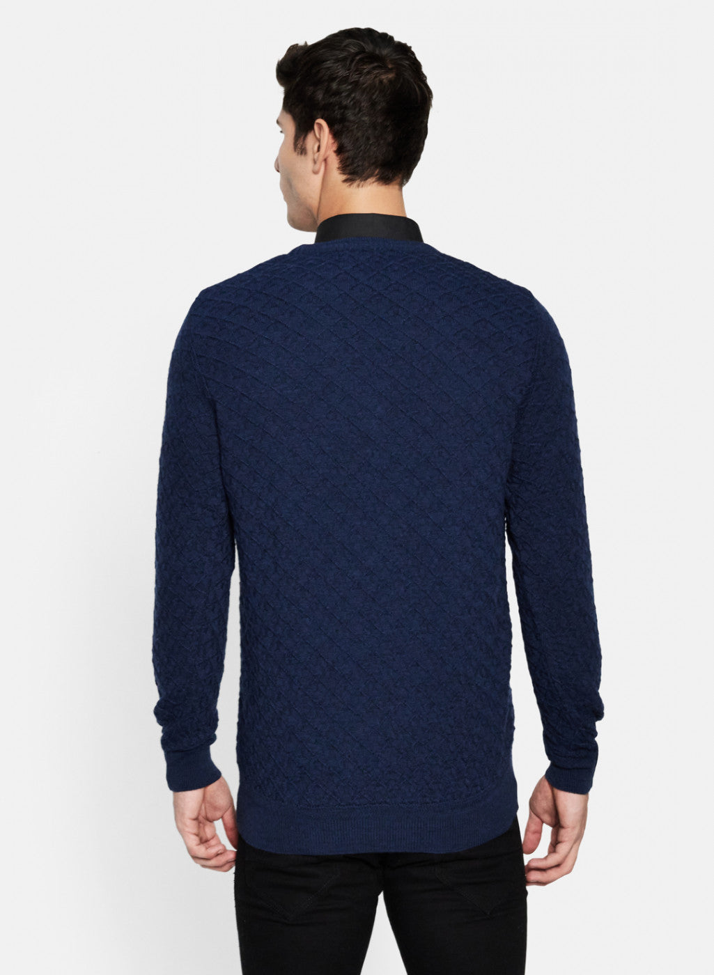 Men NAvy Blue Self Design Pullover