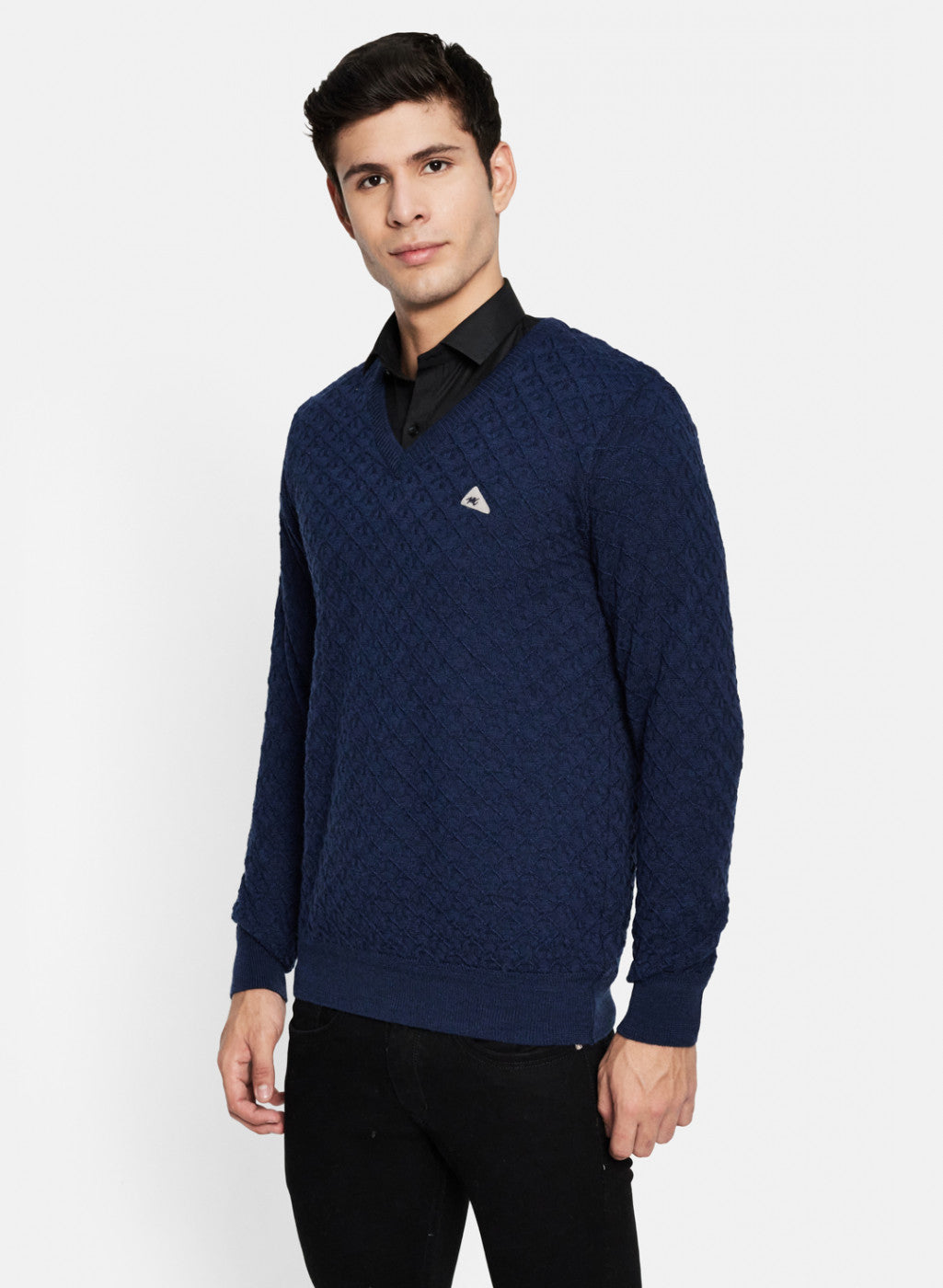 Men NAvy Blue Self Design Pullover