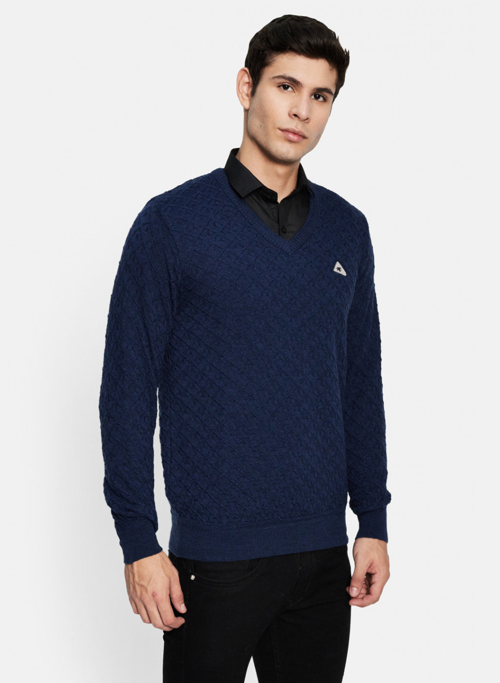 Men NAvy Blue Self Design Pullover