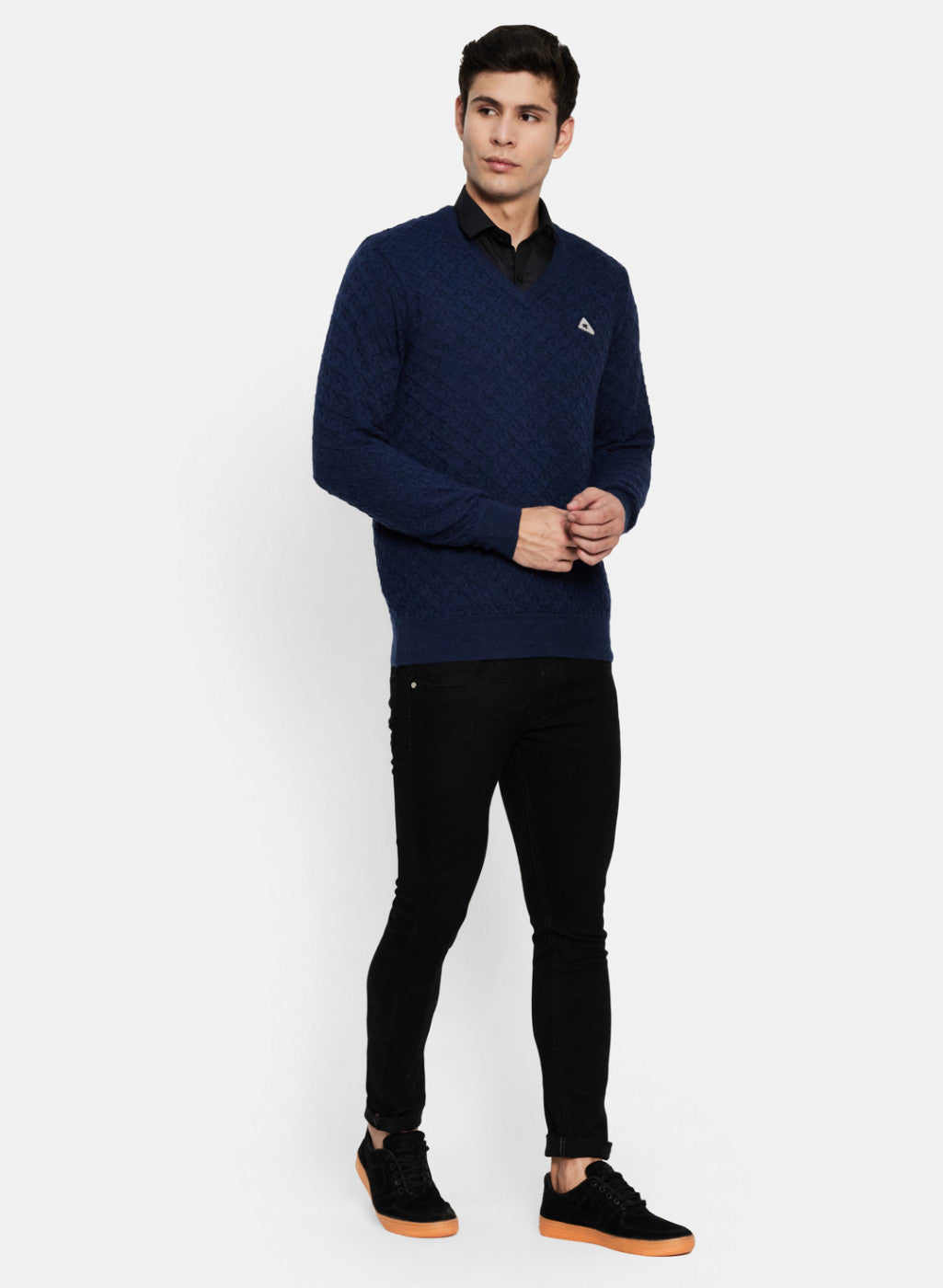 Men NAvy Blue Self Design Pullover