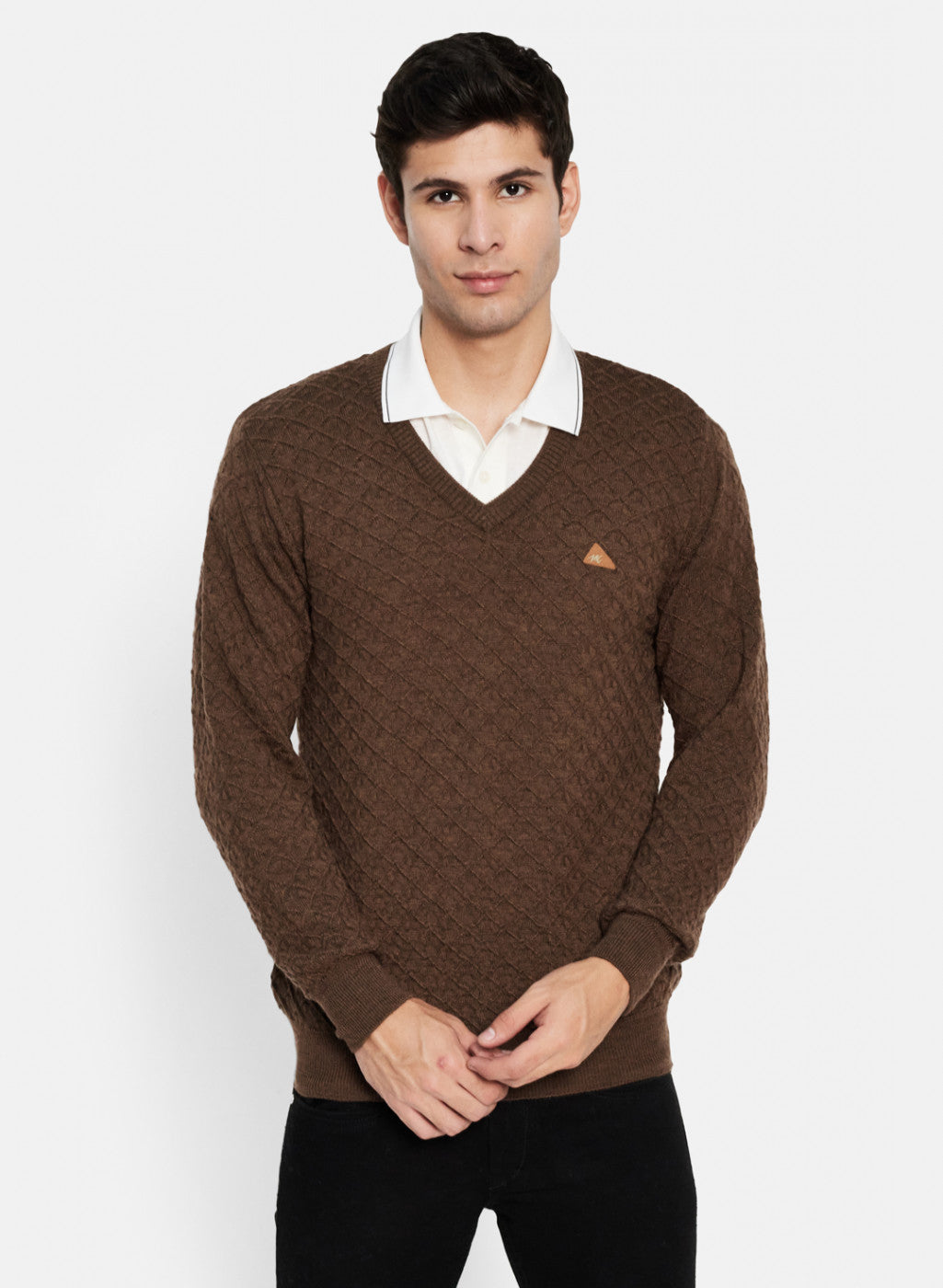 Men Brown Self Design Pullover