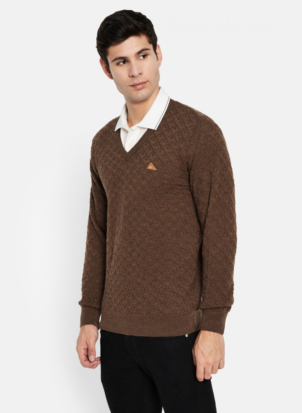 Men Brown Self Design Pullover