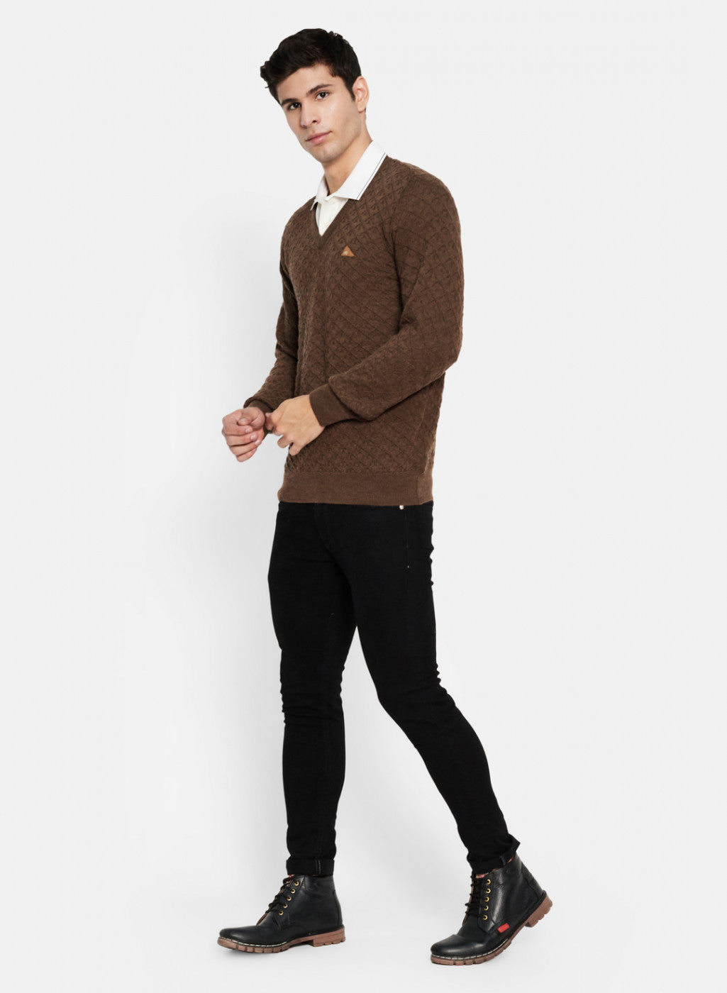 Men Brown Self Design Pullover