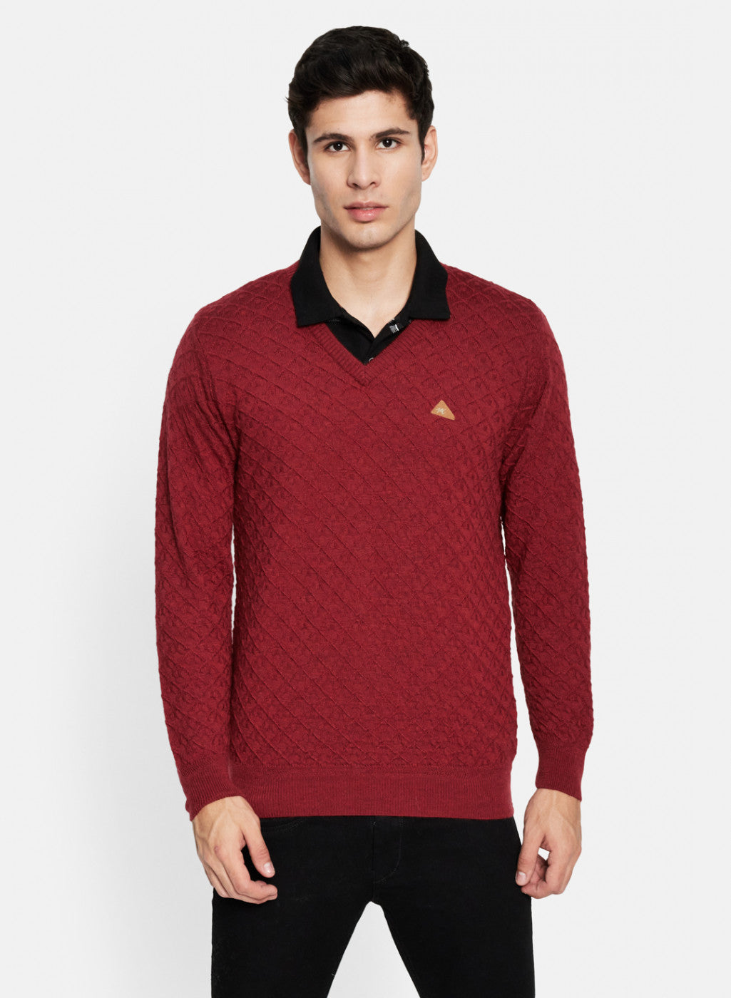 Men Maroon Self Design Pullover