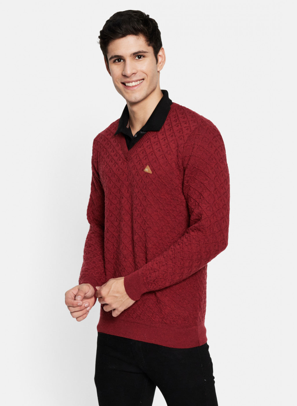 Men Maroon Self Design Pullover