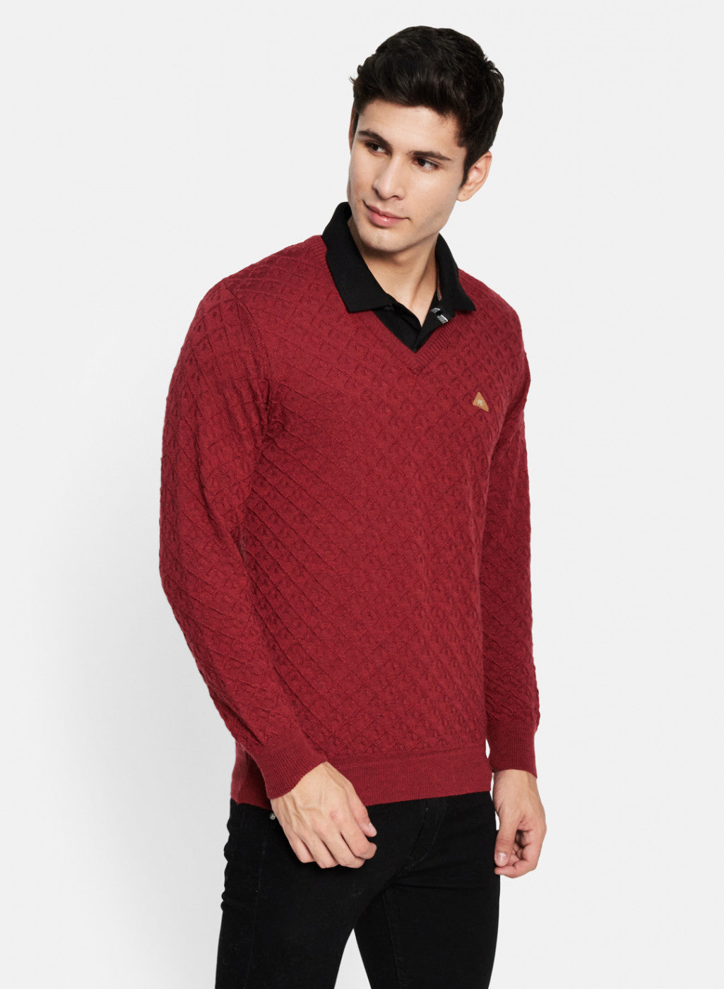 Men Maroon Self Design Pullover