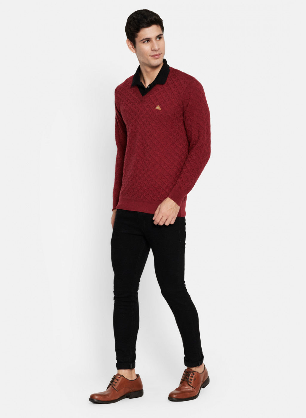 Men Maroon Self Design Pullover