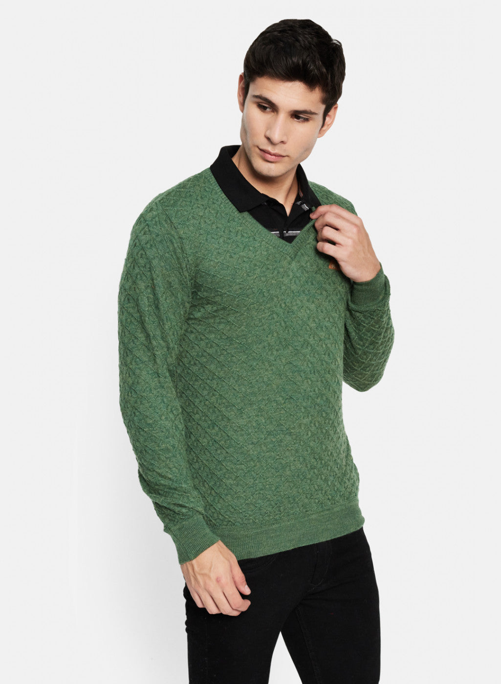 Men Green Melange Self Design Pullover