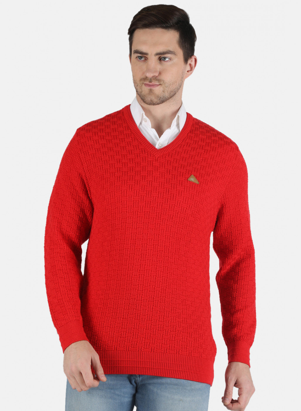 Men Red Self Design Pullover