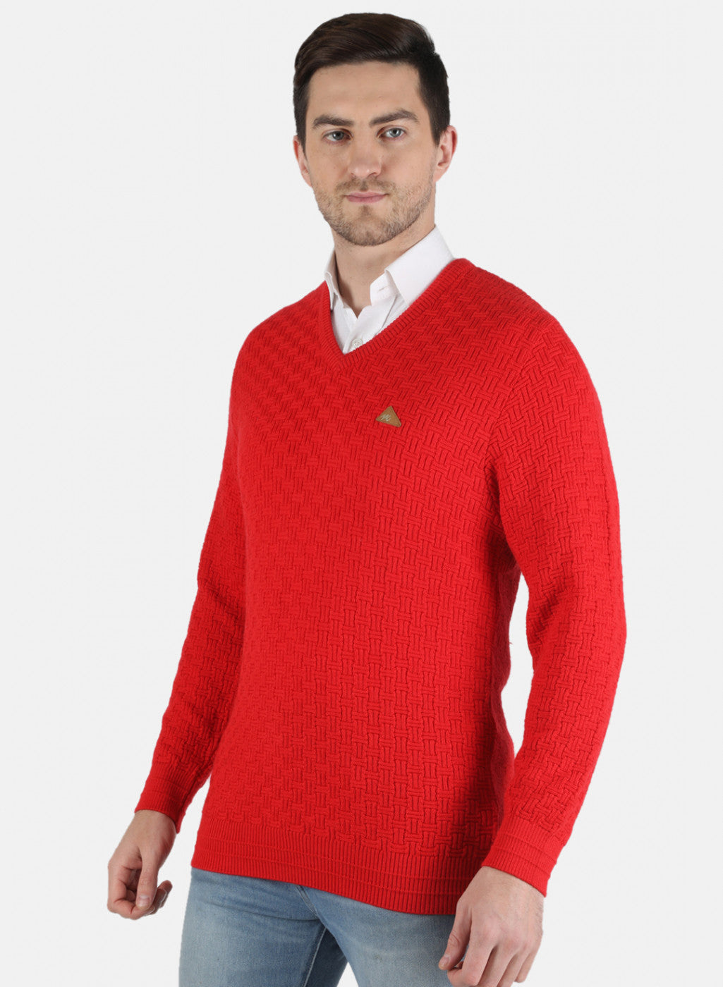 Men Red Self Design Pullover