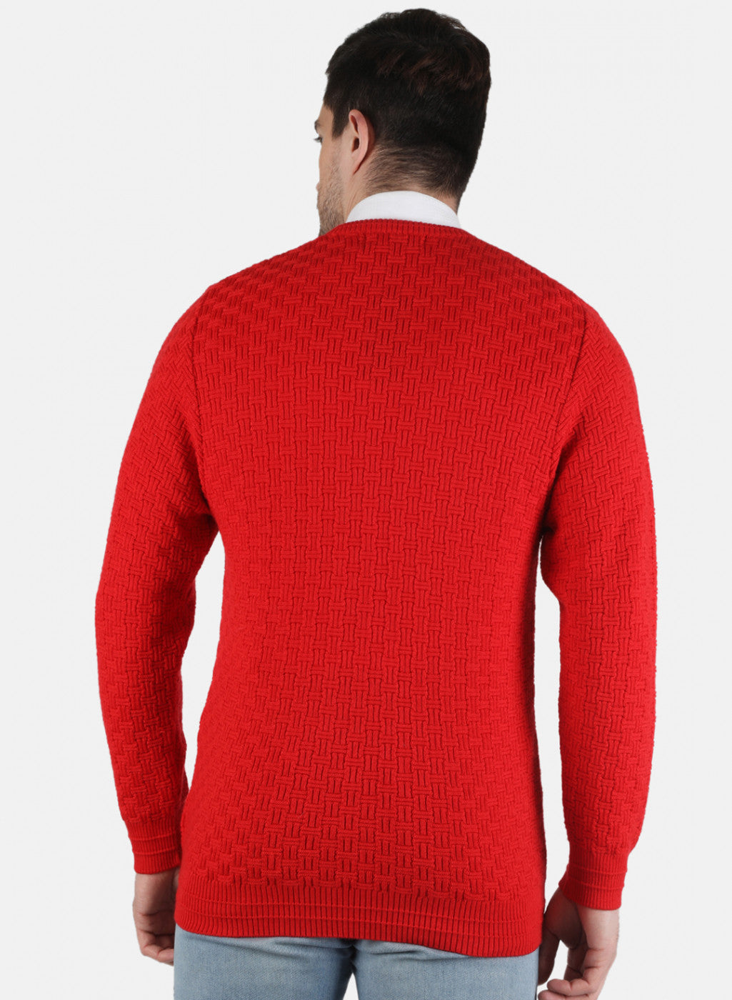 Men Red Self Design Pullover