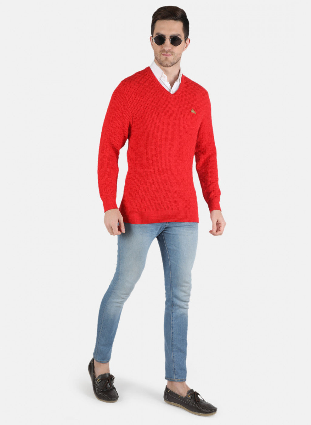 Men Red Self Design Pullover