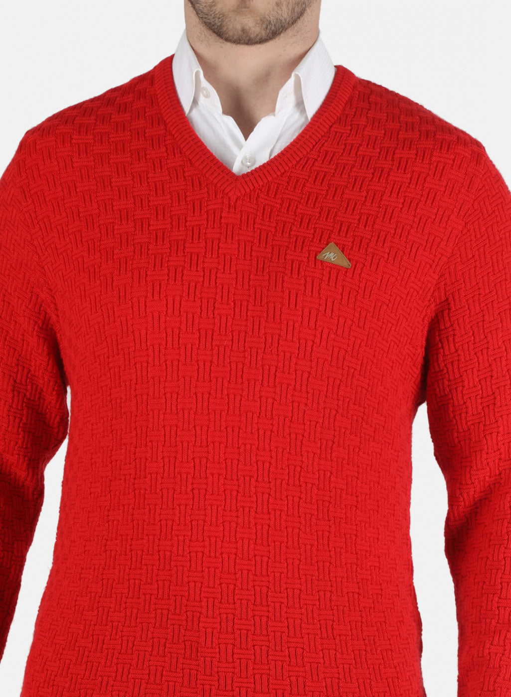 Men Red Self Design Pullover