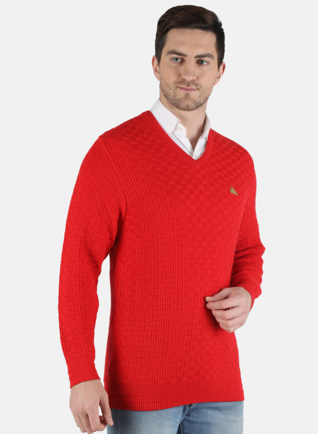 Men Red Self Design Pullover