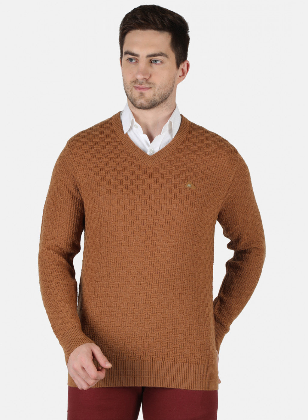 Men Brown Self Design Pullover