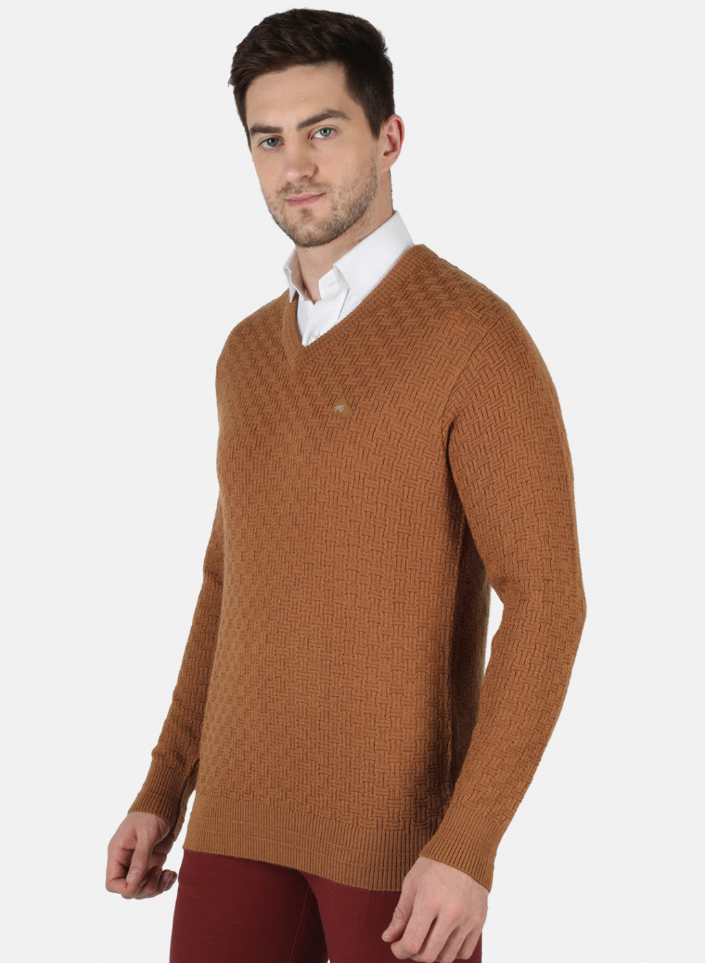 Men Brown Self Design Pullover