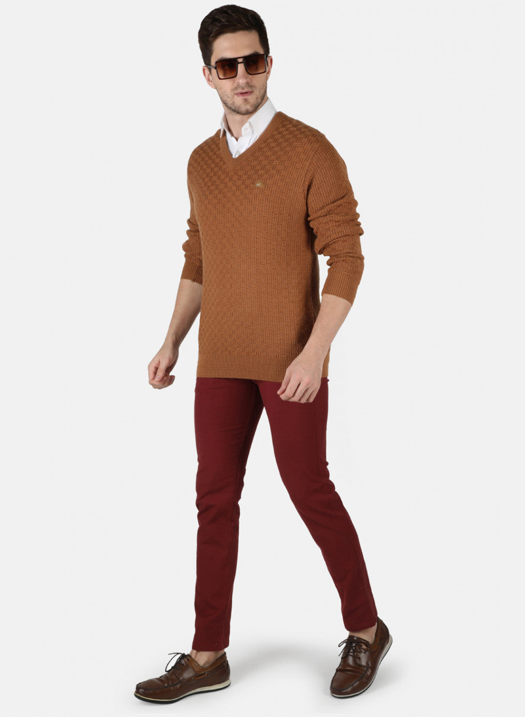 Men Brown Self Design Pullover