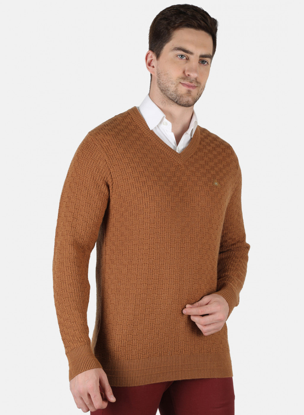 Men Brown Self Design Pullover