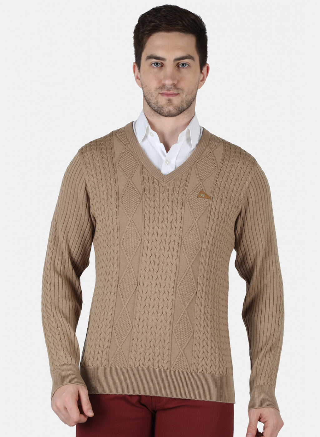 Men Beige Self Design Pullover