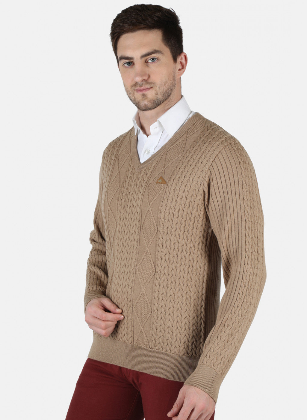 Men Beige Self Design Pullover