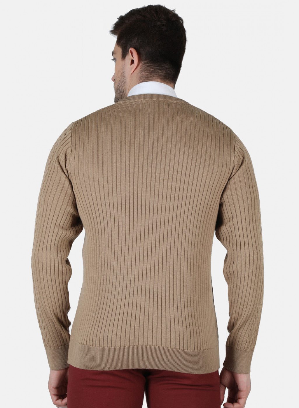 Men Beige Self Design Pullover