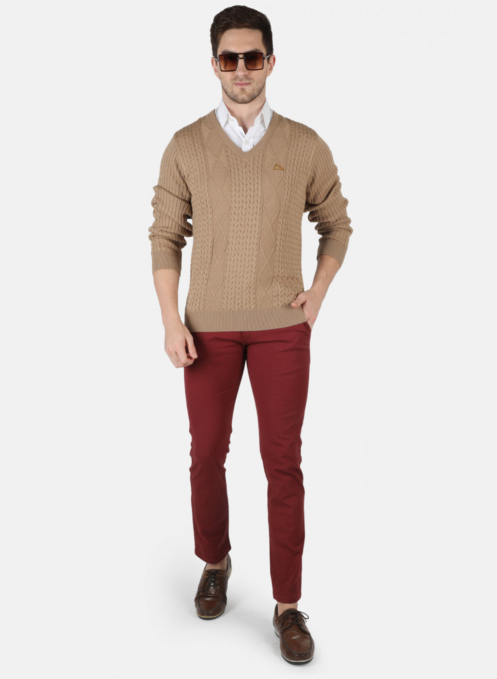 Men Beige Self Design Pullover