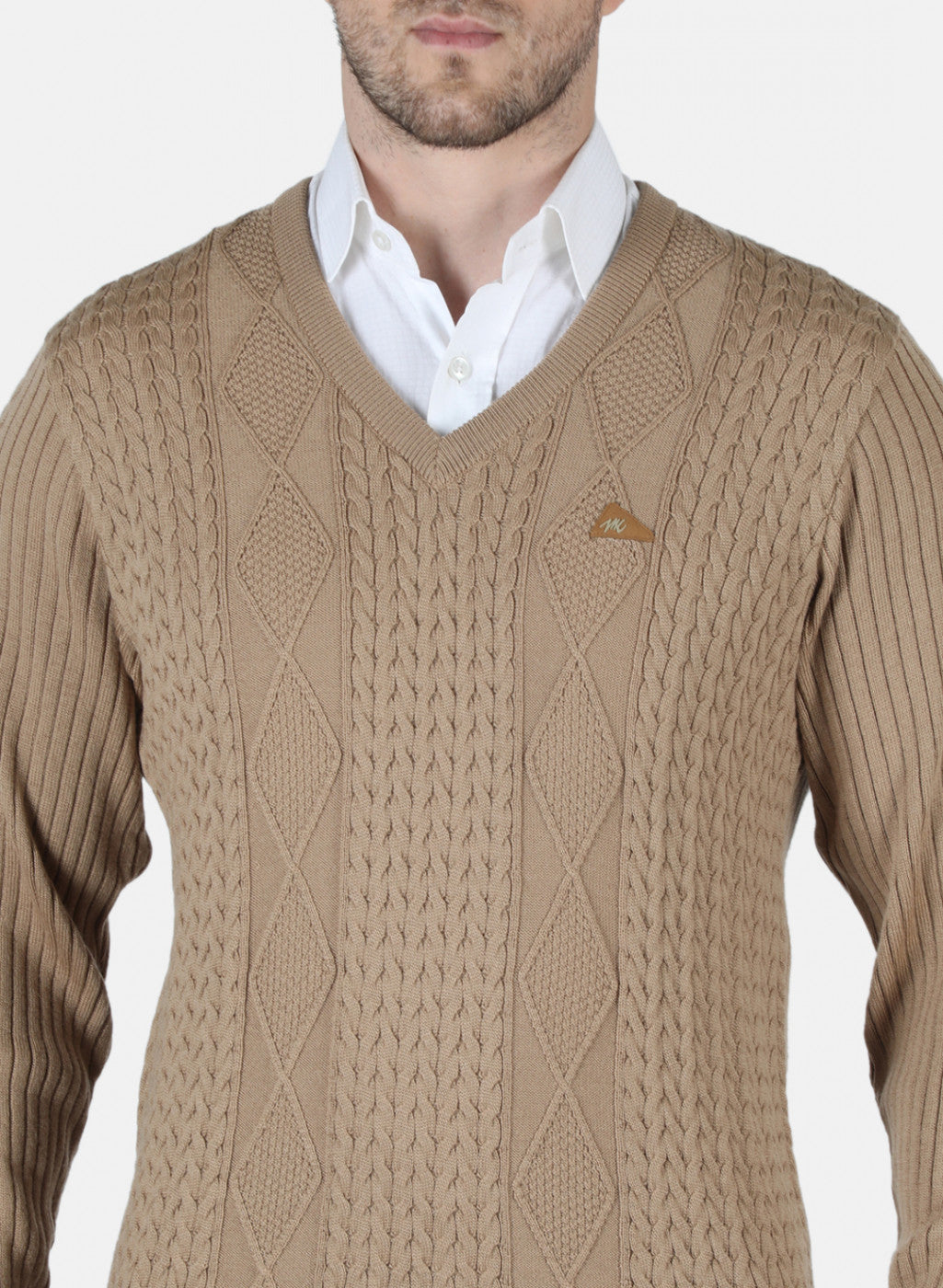 Men Beige Self Design Pullover