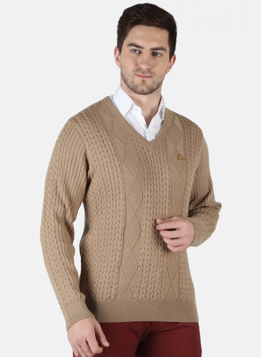 Men Beige Self Design Pullover