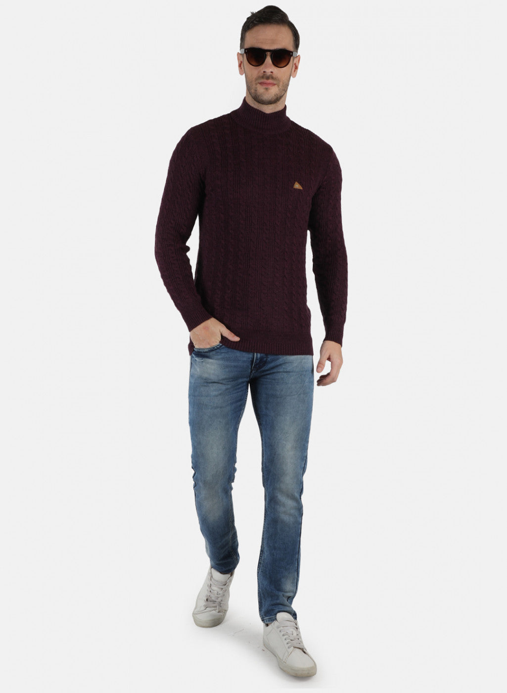 Men Maroon Self Design Pullover