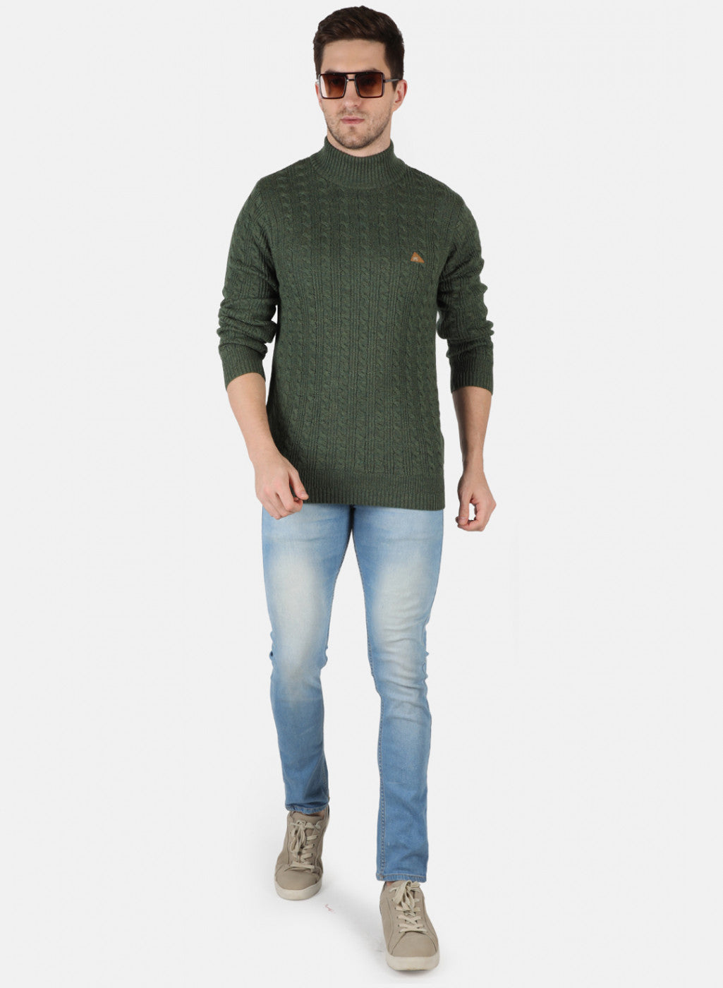 Men Olive Self Design Pullover