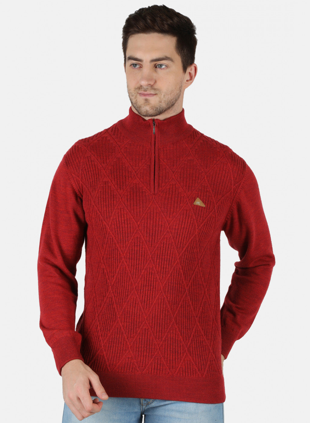 Men Red Self Design Pullover