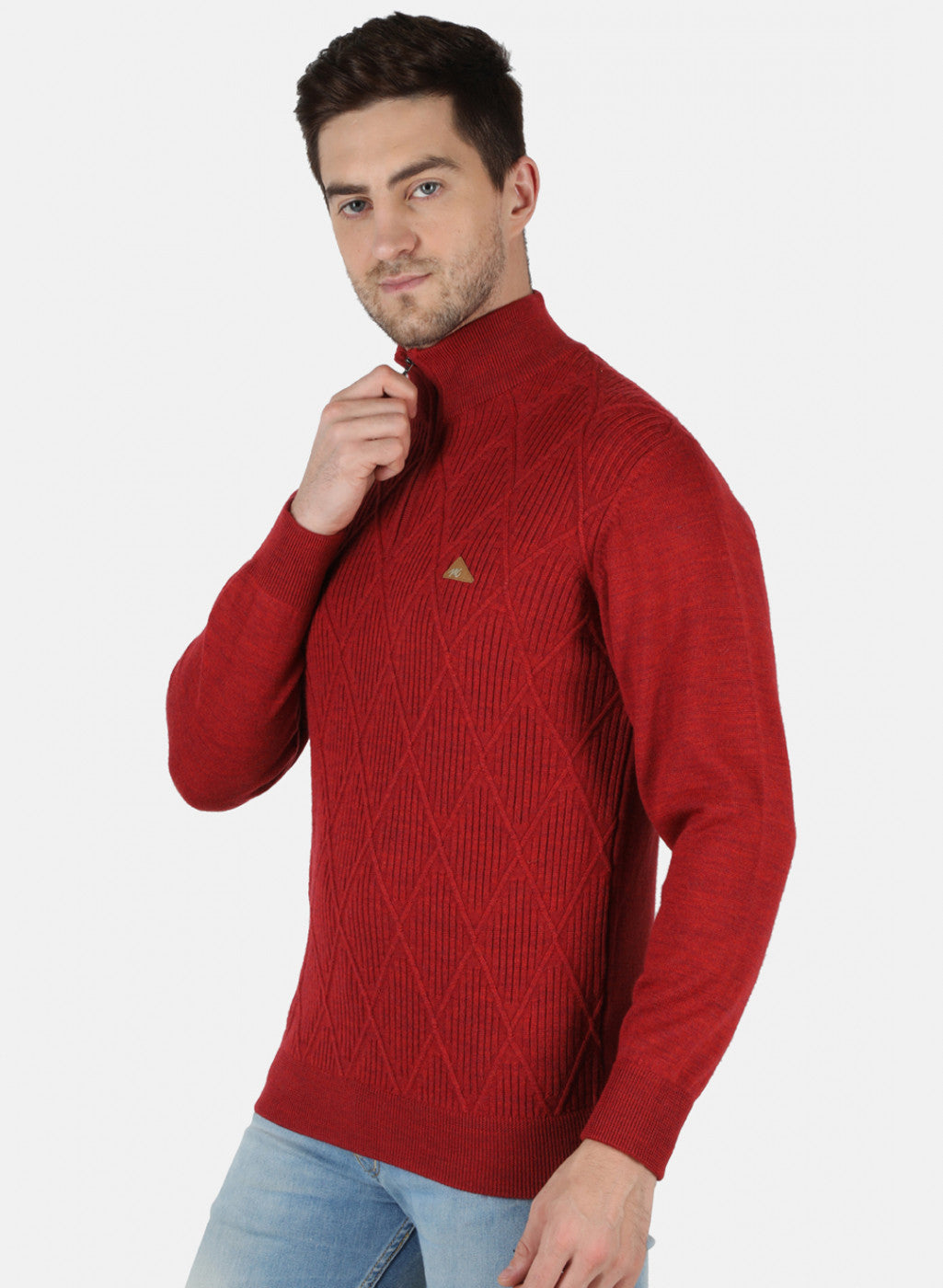 Men Red Self Design Pullover