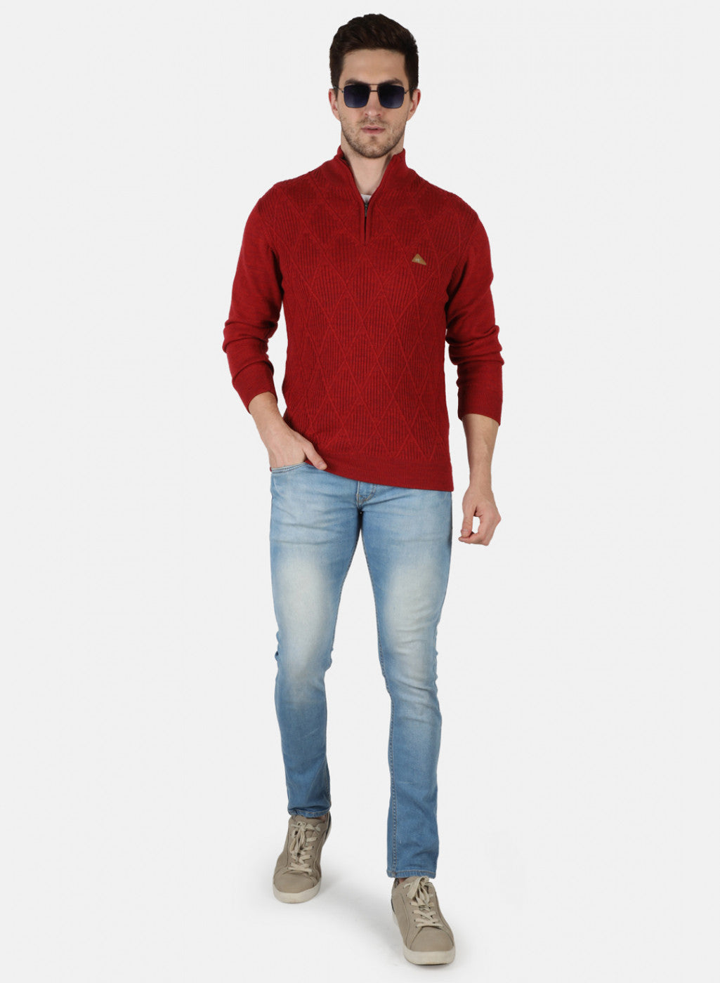 Men Red Self Design Pullover