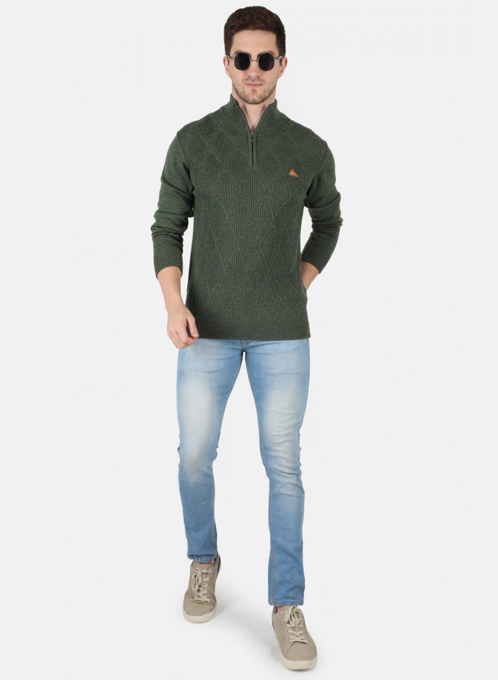 Men Olive Self Design Pullover