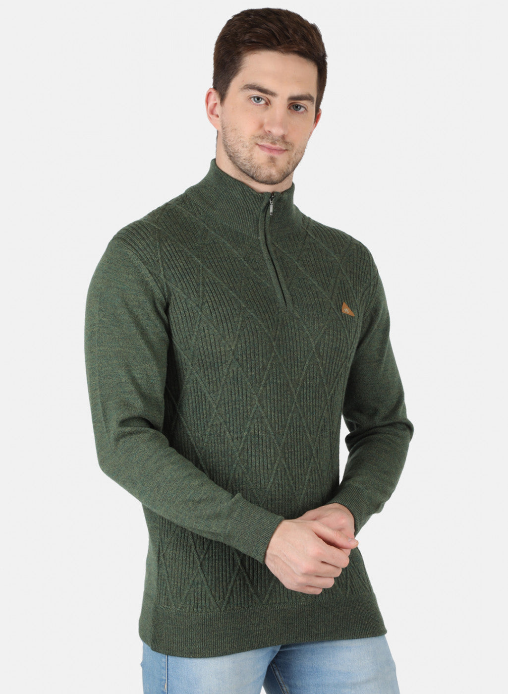 Men Olive Self Design Pullover